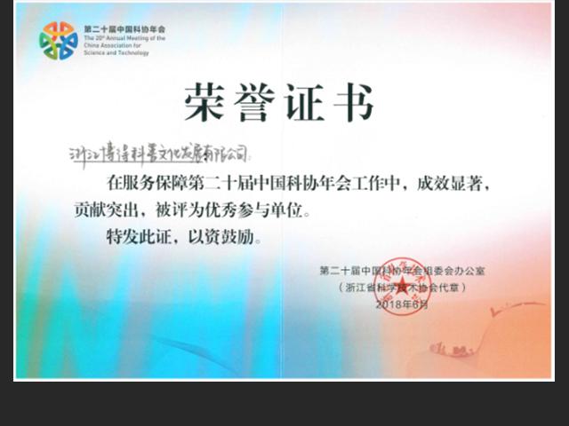 2018年，被浙江省科协评为第二十届中国科协年会工作优秀参与单位